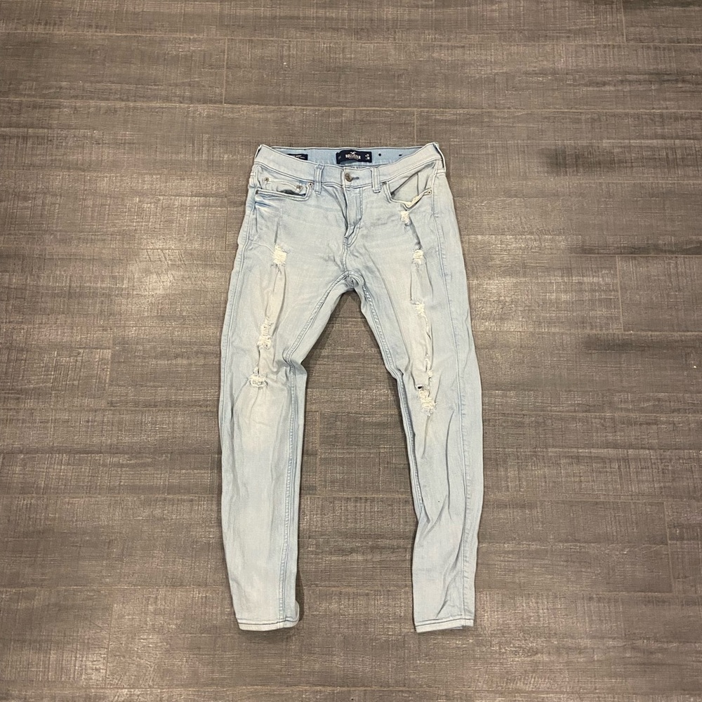 Mens light blue ripped Hollister skinny jeans